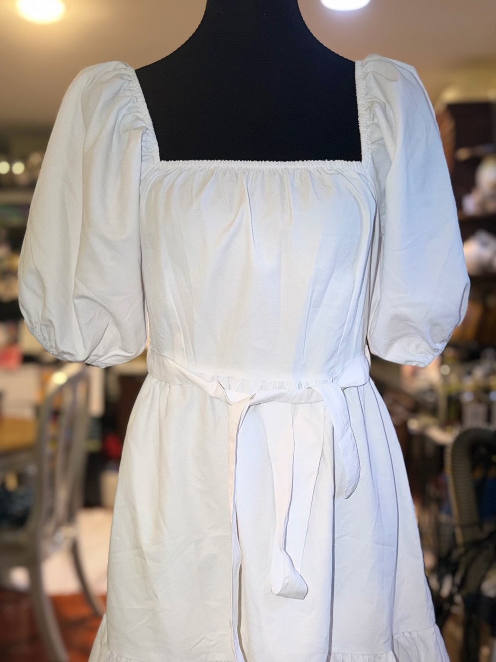 Style Envy White Puff-Sleeve Mini Dress with Waist Tie